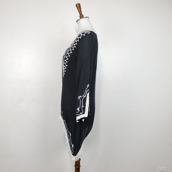 Scully Black White Boho Festival Western Rodeo Embroidered Fringe Tunic Size S - Picture 8 of 16